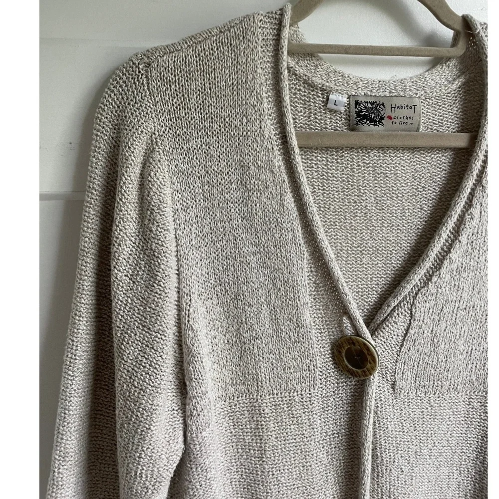 Habitat Linen Cotton Neutral Oatmeal One Button Cardigan Sweater L Lagenlook - Picture 5 of 10